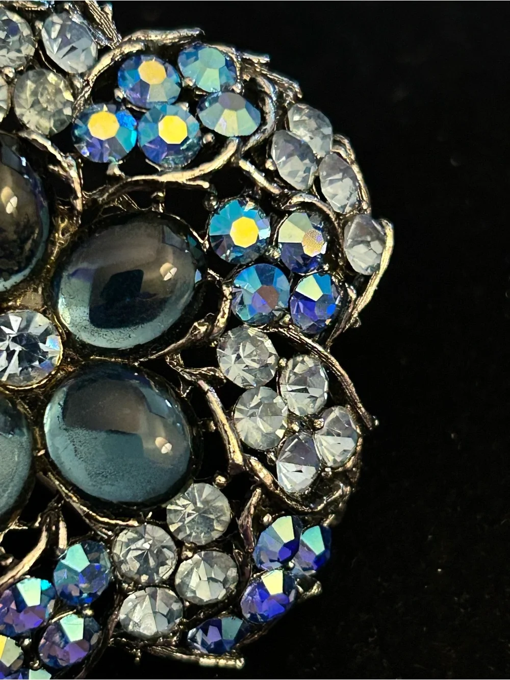 Signed Weiss Blue and Iridescent Crystal Floral Brooch
